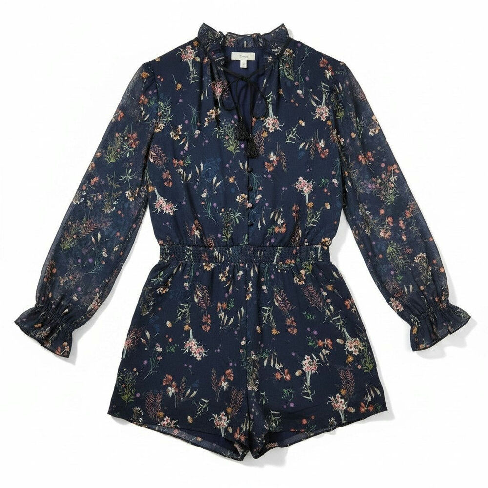 Elevenses Anthropologie Floral Romper Long Sleeve Smocked Waist Blue M Cottage